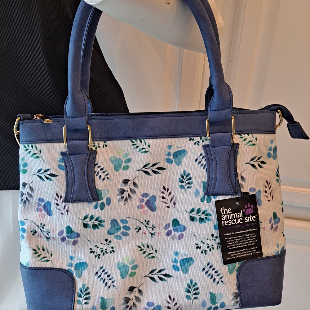 Animal Rescue Site Canvas Navy/Teal & White Floral Tote with Paw Print Accents